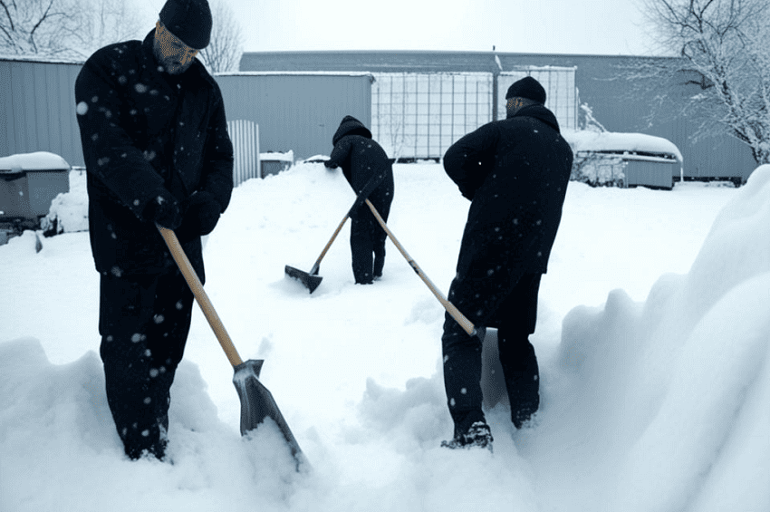 Осужденные убирают снег в Мотовилихинском районе Перми